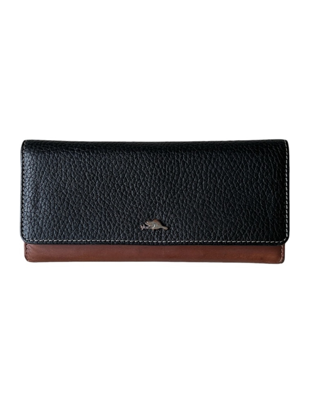 Roots Women's Black & Brown Leather Long Trifold Wallet